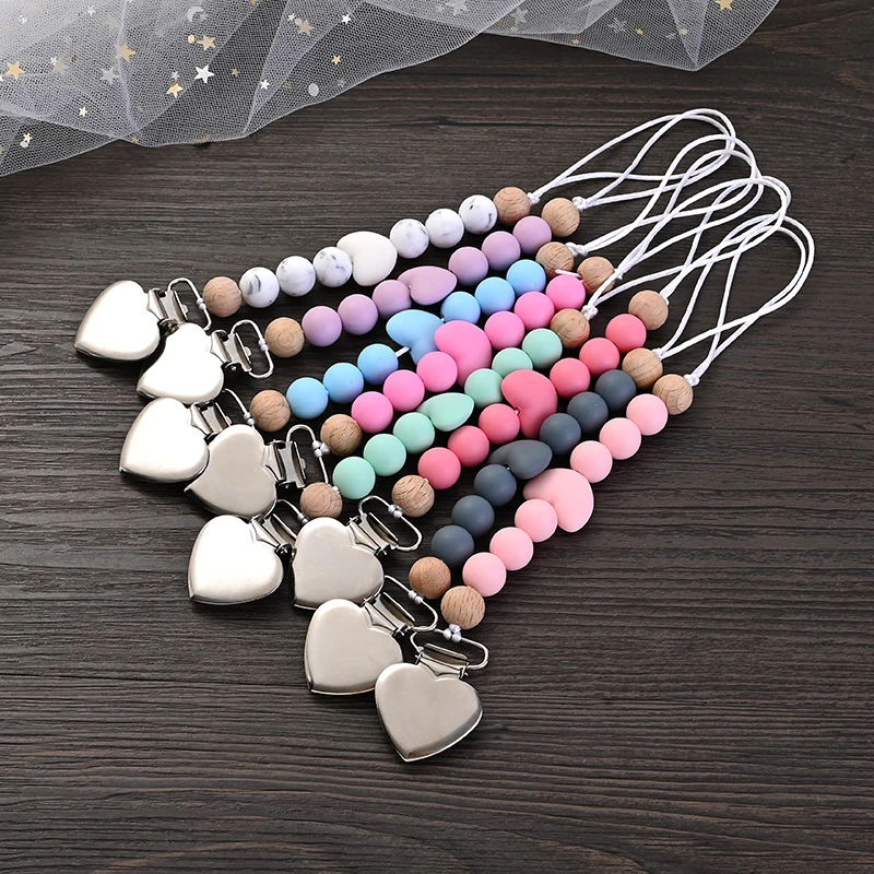 1Pcs Heart Metal Baby Nipple Clips Silicone Round Teether Beads Pacifier Chain For Baby Teething Nursing Safe Chew Toys BPA Free