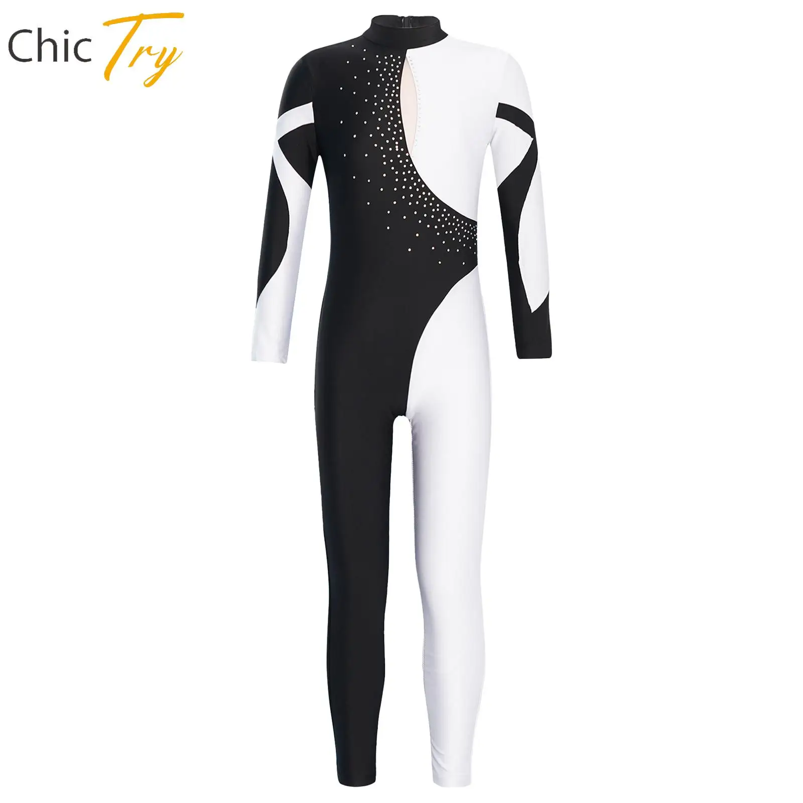 Kids Girls Dance Jumpsuit Shiny Rhinestone Decorated Dancewear Long Sleeve Stand Collar Exquisite Performance Gymnastics Leotard