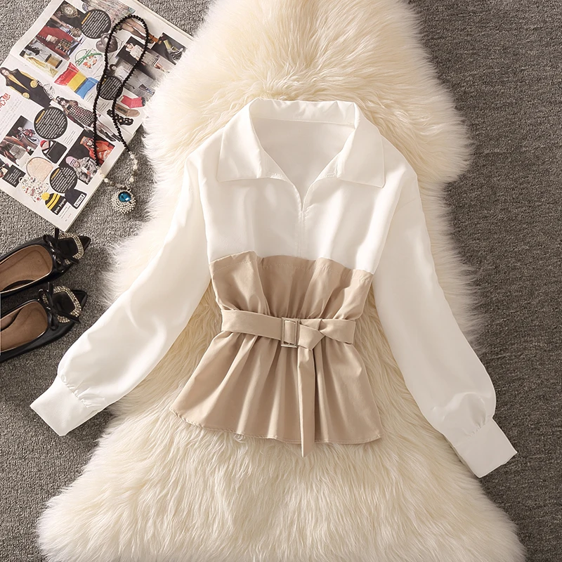 Spring New Design Ladylike Splice Long Sleeve Shirt Women's Fitting Waistline Belly Covering Top Korean Style Commute Wind