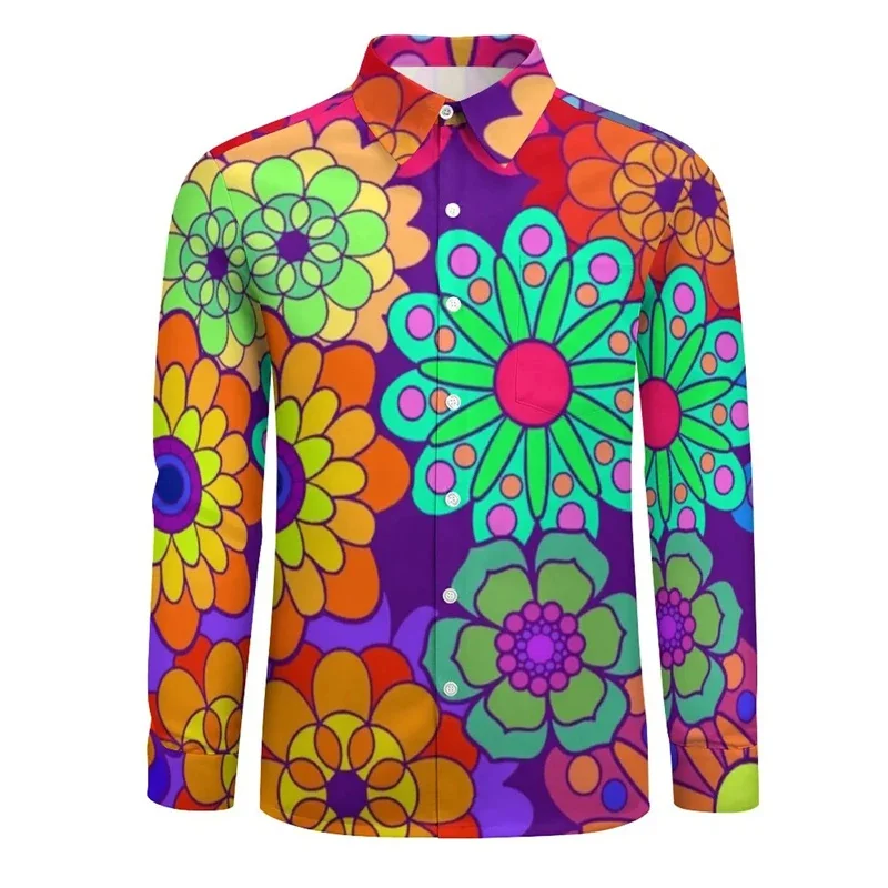 

Spring Fashion New 3D Colorful Flowers Printing Long Sleeve Shirts Men Ethnic Florals Graphic Blouses Vintage Y2k Clothing Tops