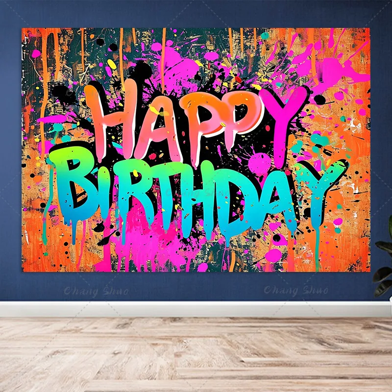 Oil Painting Colorful Ink Splash Graffiti Background Cloth Happy Birthday Party Layout Shooting Props Baby Shower Decoration