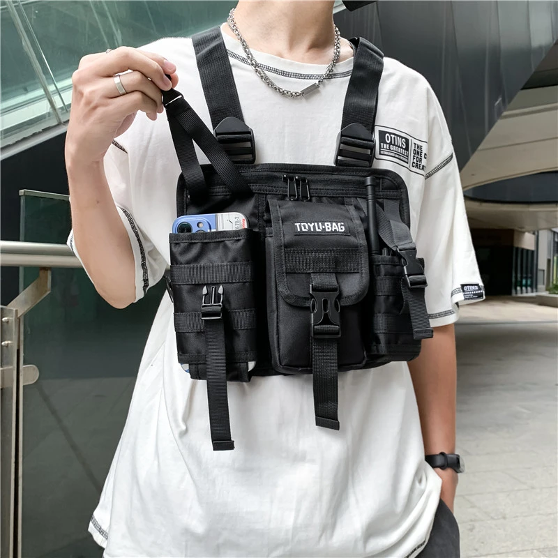 Fashion Functional Tactical Chest Bag for Men Fashion Bullet Hip Hop Vest Streetwear Bag Waist Pack Unisex Black Chest Rig Bags