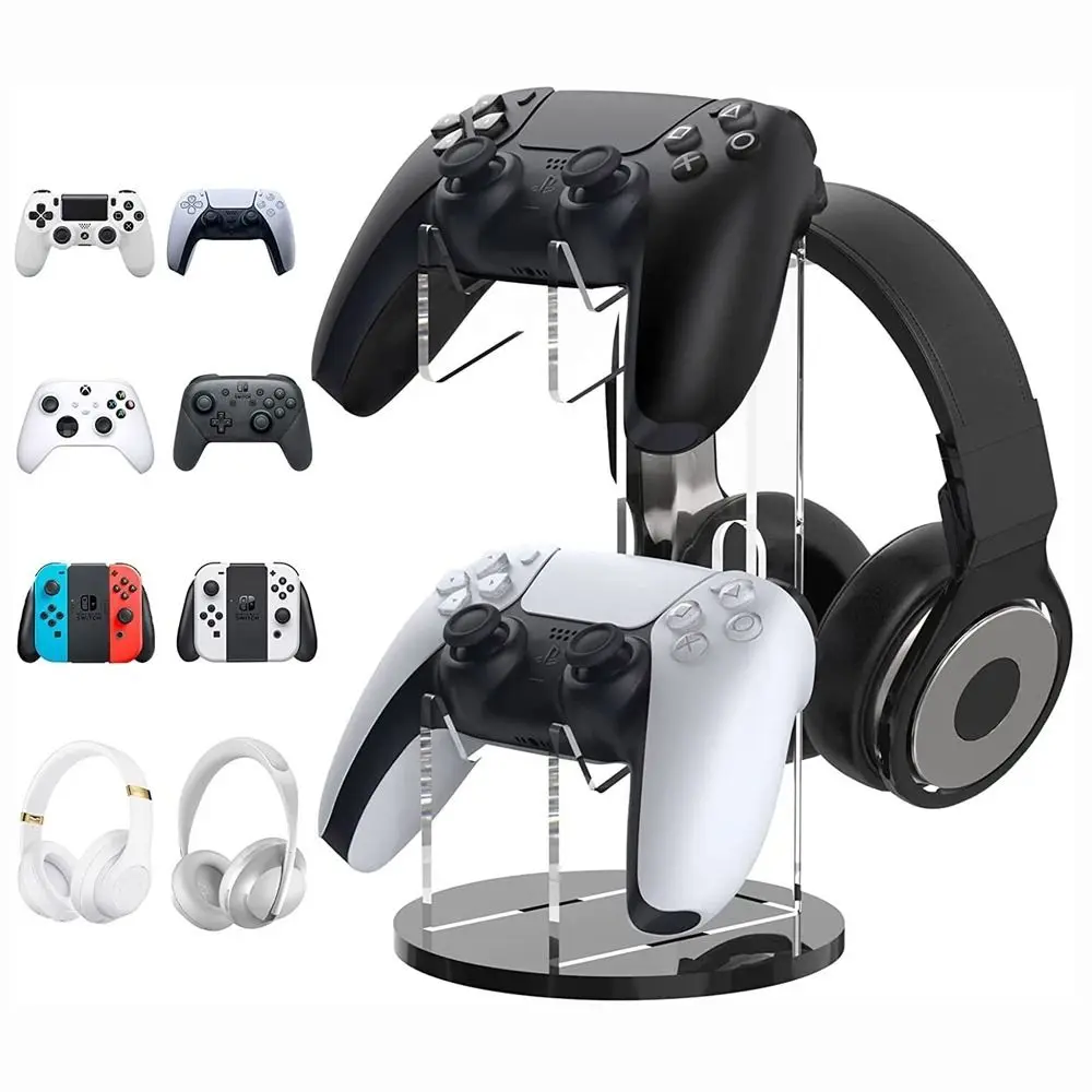 

2-layer Acrylic Gamepad Display Stand Clear Space Saving Wireless Game Controller Holder with Headset Stand Hanger