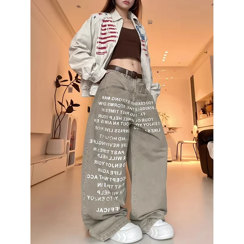 Women s Jeans Casual Straight Wide Leg Pants Autumn High Waist Loose Fitting Letter Print Denim Trousers Khaki