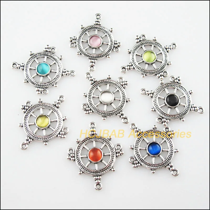 

8Pcs Tibetan Silver Plated Color Rudder Mixed CatEye Stone Charms Pendant Connectors 27.5x33.5mm