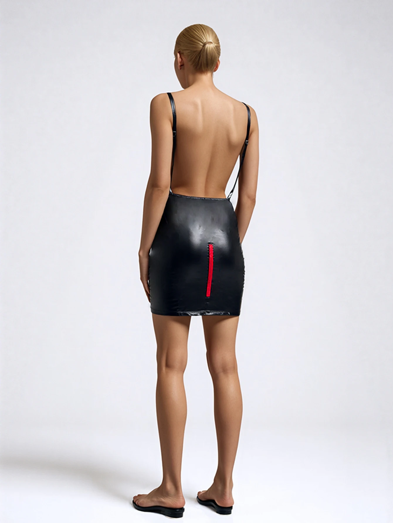 Seksowna sukienka bez pleców ze sztucznej skóry, sukienka z wieloma zamkami błyskawicznymi, sukienka na ramiączkach spaghetti, odzież klubowa do tańca na rurze, koszula nocna, letnia odzież damska