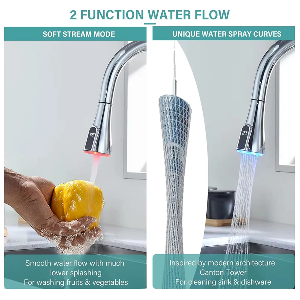 Pull Out Kitchen Faucet Nozzle G12 with LED Digital Water Temperature Display and Two Spray Modes Designed for Kitchen Sink Use