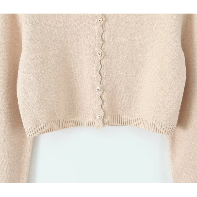 YENKYE 2025 Women Long Sleeve O Neck Wavy Edge Knitted Cardigan Casual Autumn Short Knitwear Tops