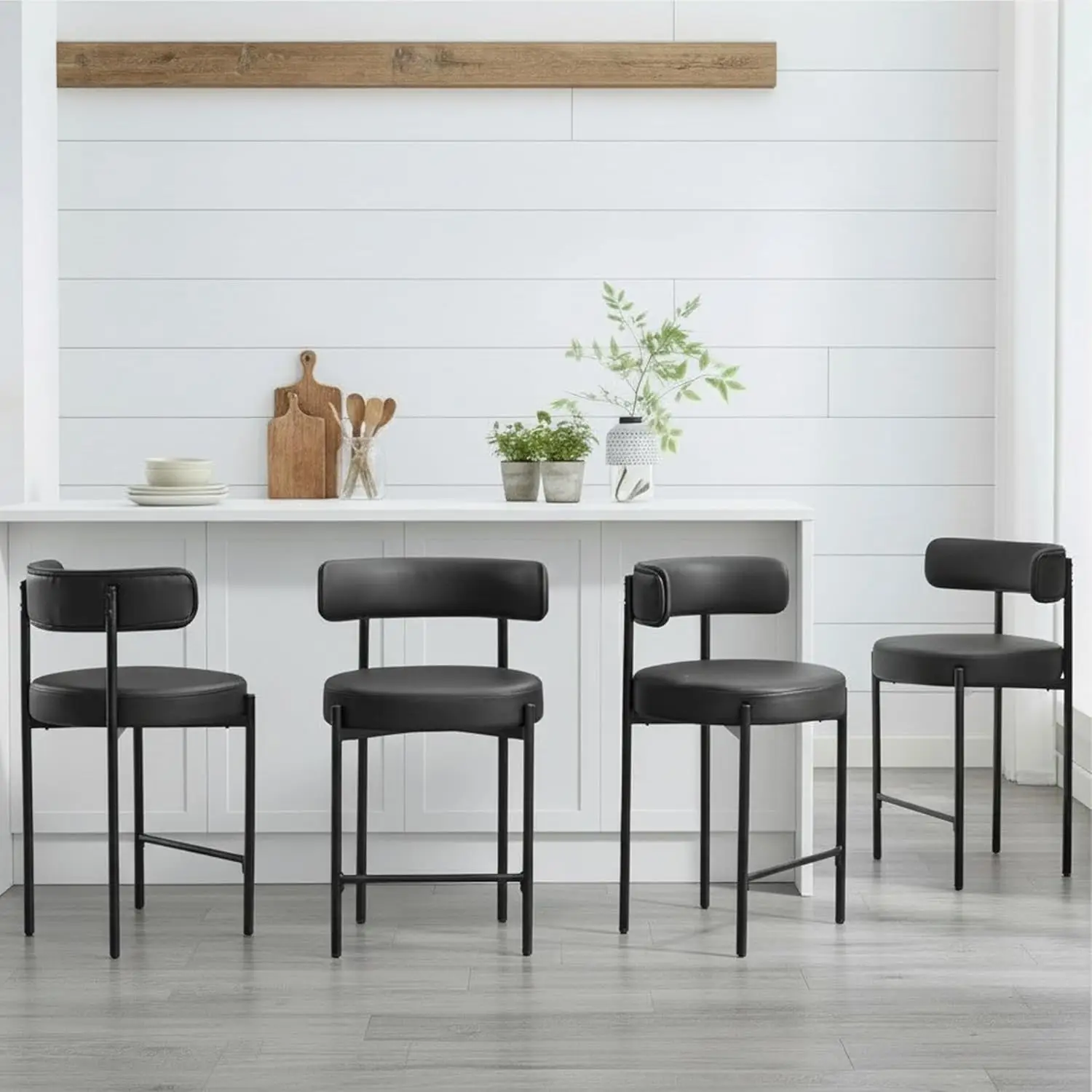 

24'' Counter Height Bar Stools Set of 4,Curved Back Faux Leather,Black Metal Frame,Kitchen Use,Customized