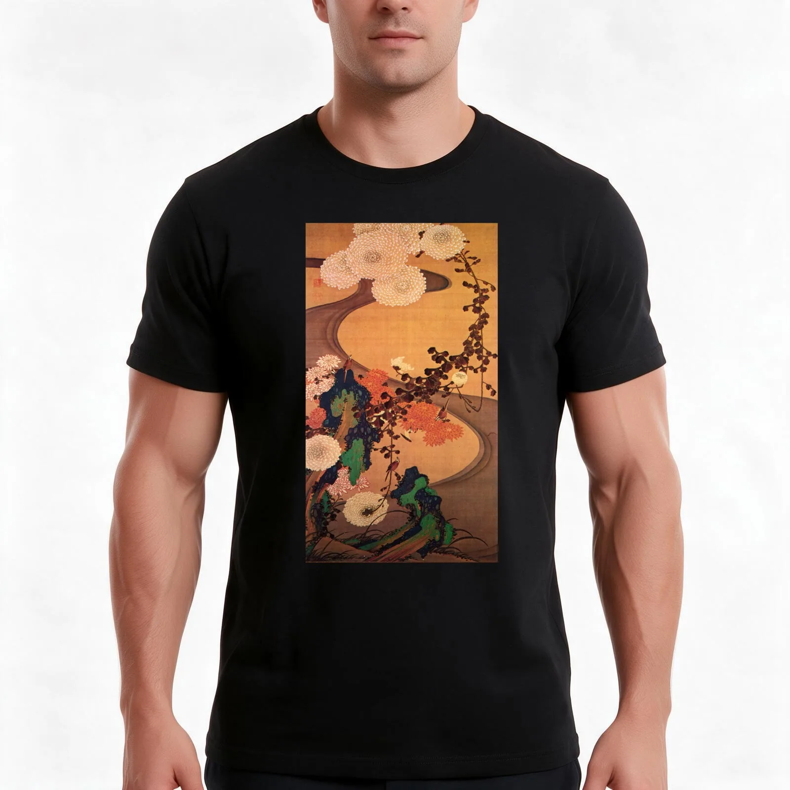 Ito Jakuchu Chrysanthemums by a Stream with Rocks T-Shirt Summer Casual Cotton Tee Oversized Streetwear Tops Unisex Men Women