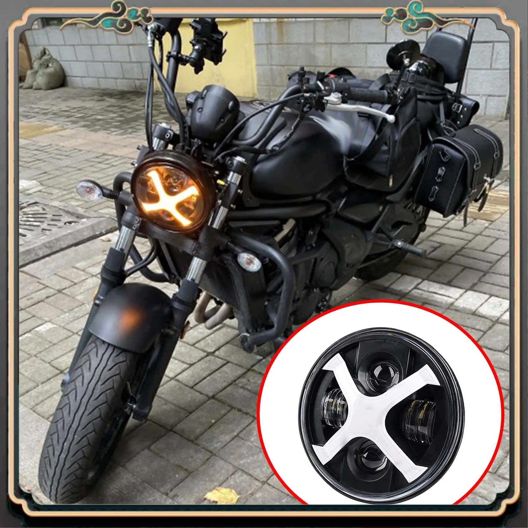 

M45K-Motorcycle 7 Inch Round LED Headlights DRL Hi/Lo 50W 30W Ring Amber Angel Eye For Any With 7 Inch LED Motocs