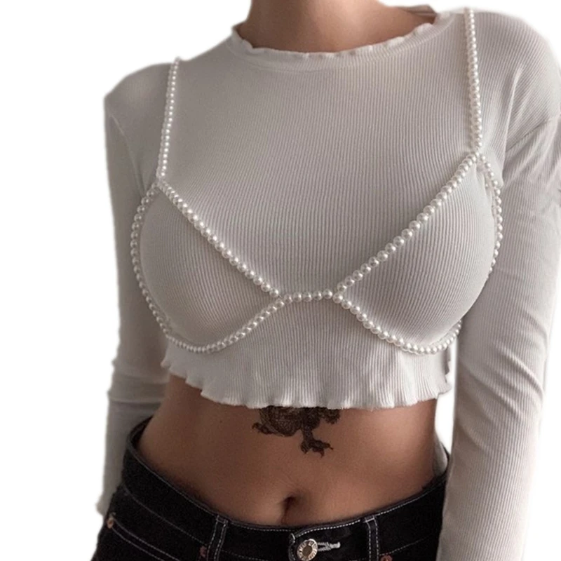 

Pearl Chest Chain Halterneck Bras Beach Body Jewelry Bralettes for Women N7YF