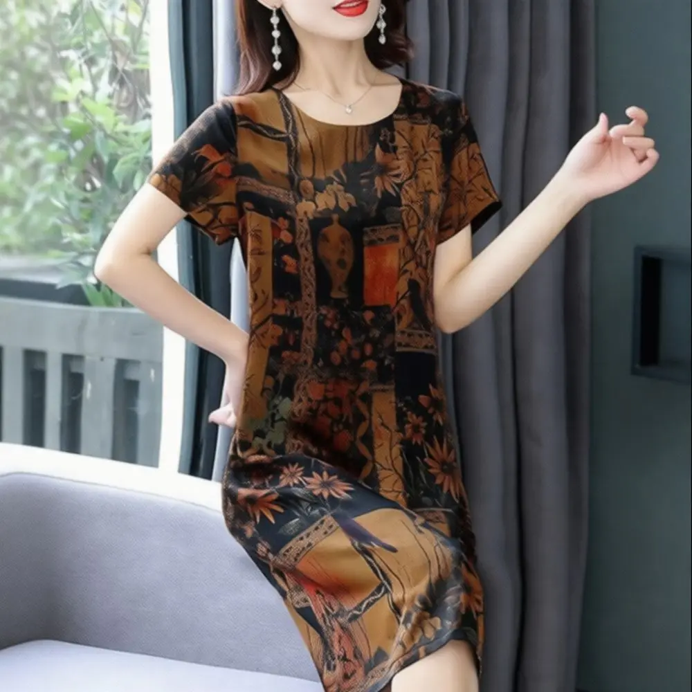 Women Summer Dress Retro Print Casual Midi Short Sleeve Clothing Breathable Soft Comfortable Loose Fit Mother Floral Dress