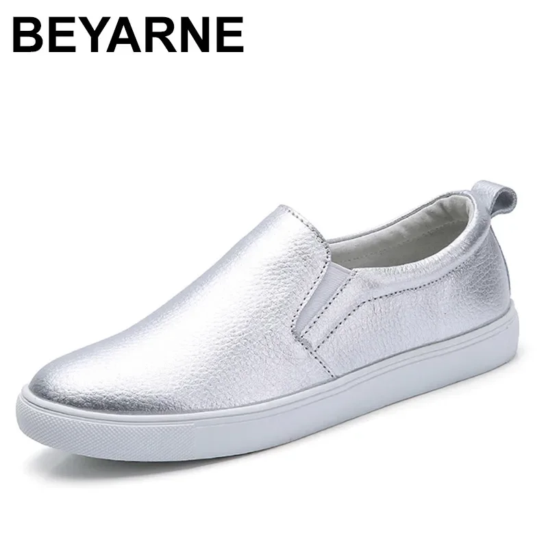 BEYARNE Autumn Women Leather Loafers Fashion ballet flats sliver white black Shoes Woman Slip On loafers boat shoes Moccasins