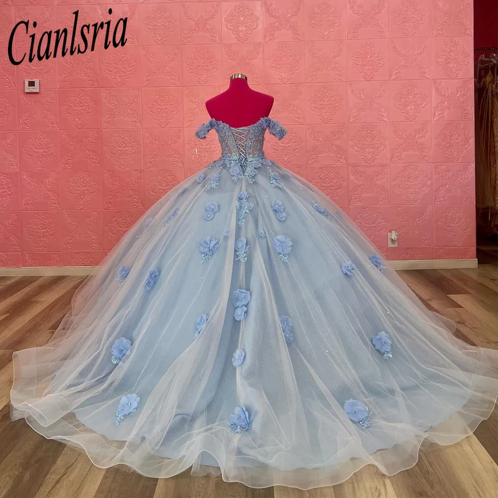 Vestido De baile azul cielo mexicano, quinceañera, apliques 3D, dulce vestido 16, cuentas sin hombros, 15 Años