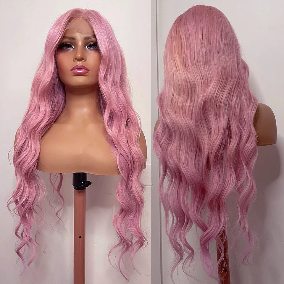 

Long Body Wave Lace Front Synthetic Wigs Pink Natural Hairline Pre Plucked Wavy Hair Wigs for Women Heat Resistant Fiber Hair