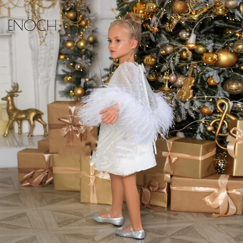 ENOCH Cute Flower Girl Vestidos Com Pele Verão New White Scoop Full Sleeve Lantejoulas Joelho Comprimento Vestidos Formais Robes Pour Enfants