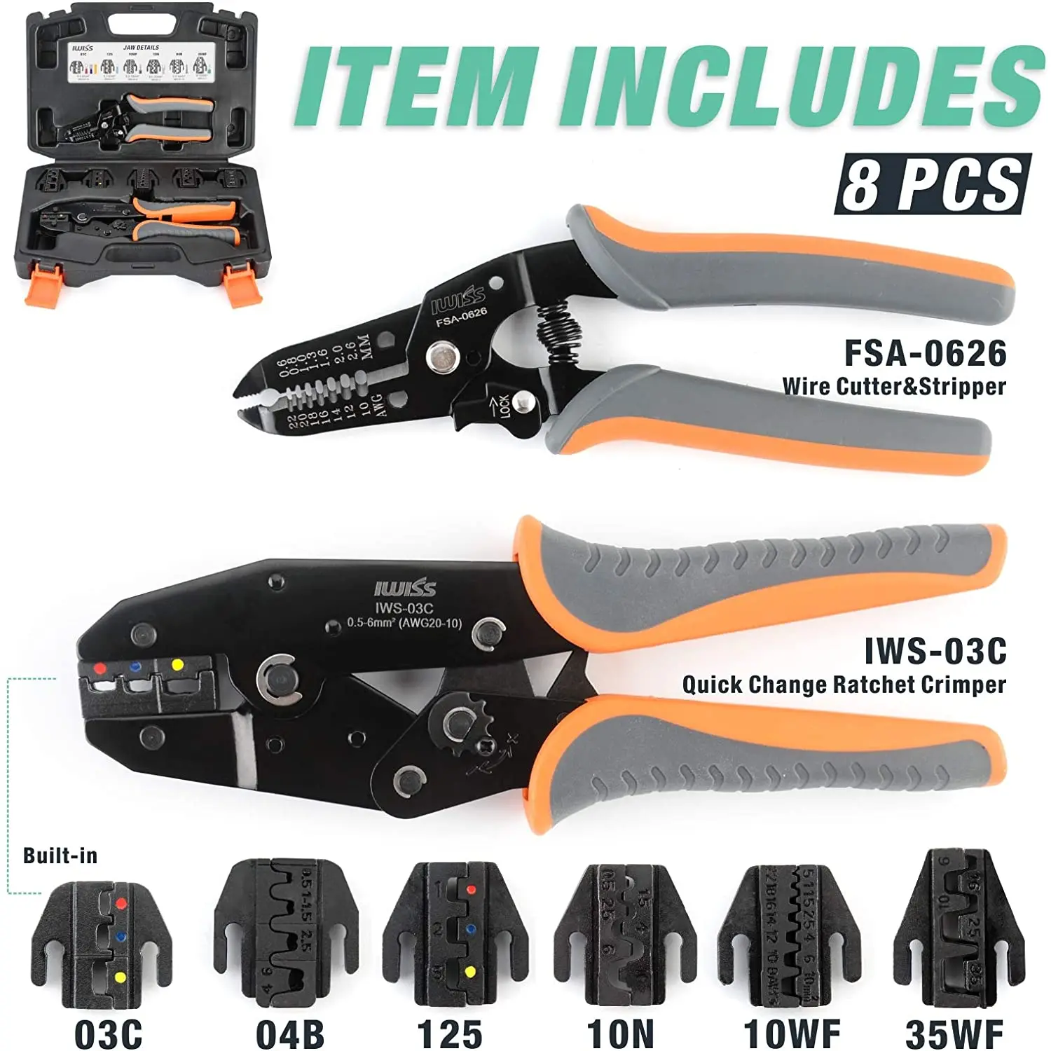 IWISS KIT-0535 Hand Crimping Tools Set 8PCS Quick Replace Jaws Connectors Wire Stripper Pliers Cutter for Non-Insulated Ferrules