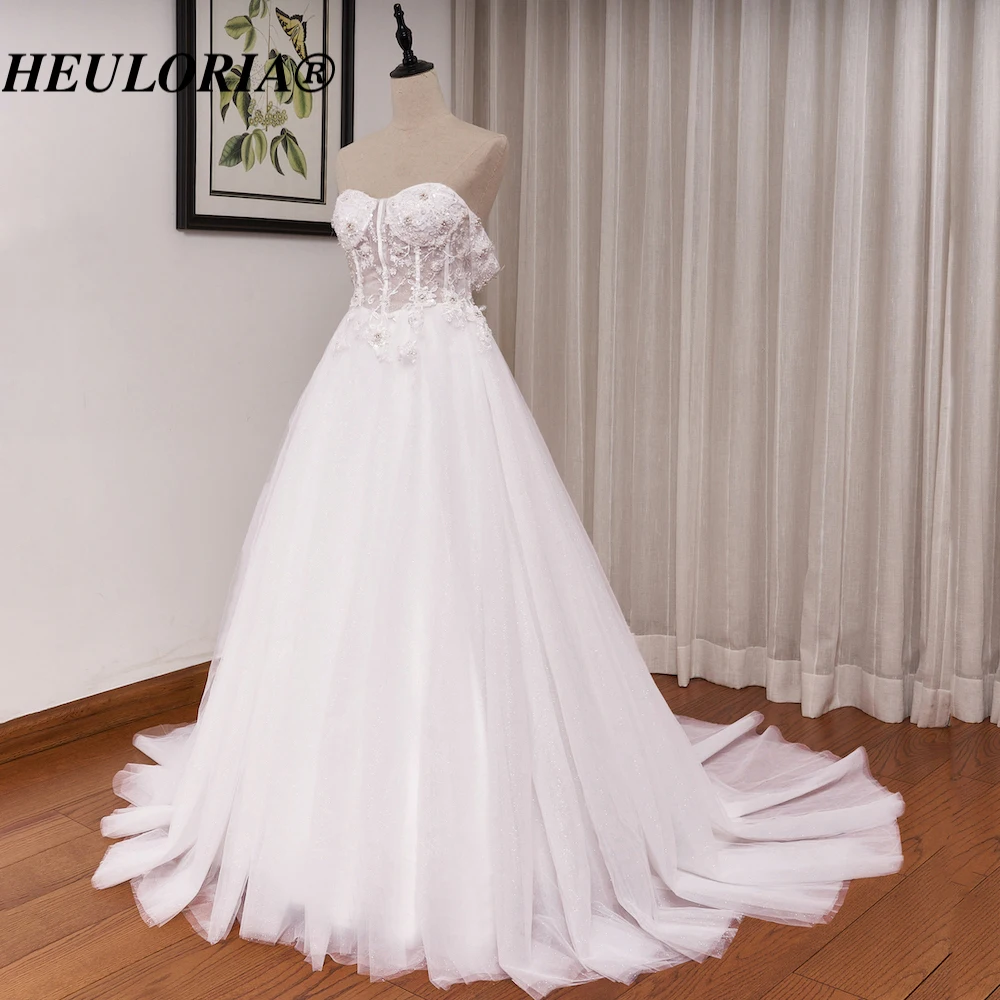 HEULORIA elegant A line wedding dress off shoulder lace beading bride dress with long train bridal gown Robe De Mariee