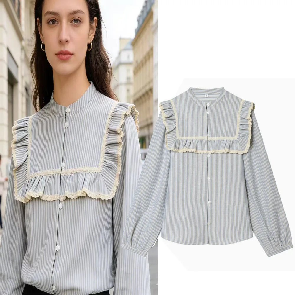 

Women's Long Sleeve Striped Shirt Floral Decoration Versatile Fashion Top European Style round Neck No Brand Registered ...