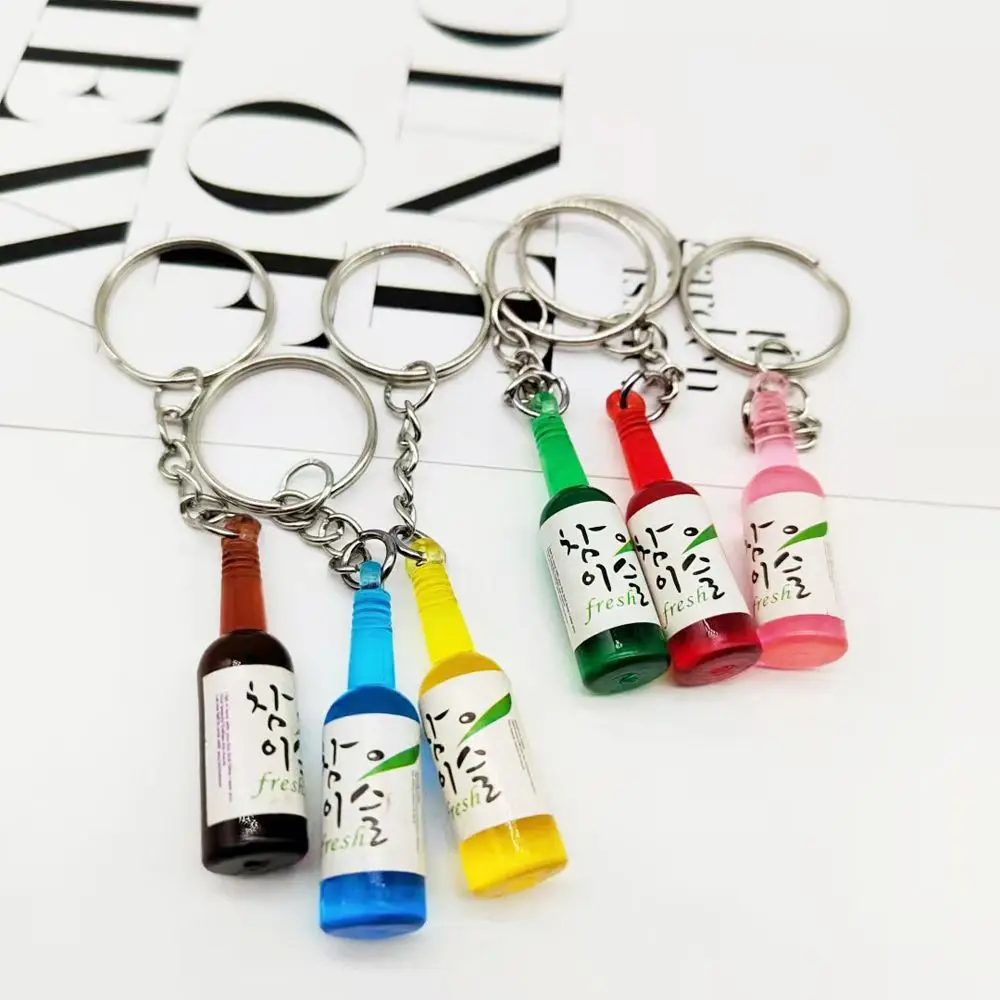 Korean Fashion Drink Soju Bottle Keychain 6 Colors Simulation Resin Beer Wine Trinket Women Keyring Jewelry Travel Gift Souvenir