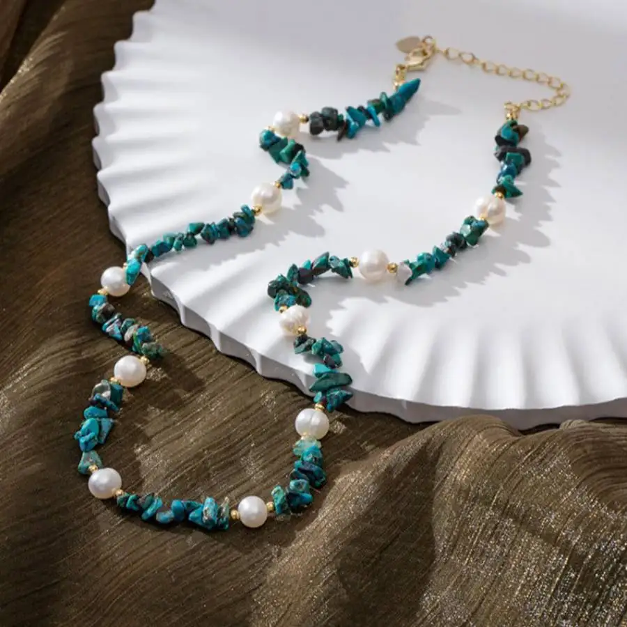 

Handmade Genuine Turquoise Irregular Chips & Baroque Pearl Beaded Necklace Gold Tone Chain Fashion Jewelry Gift for Her