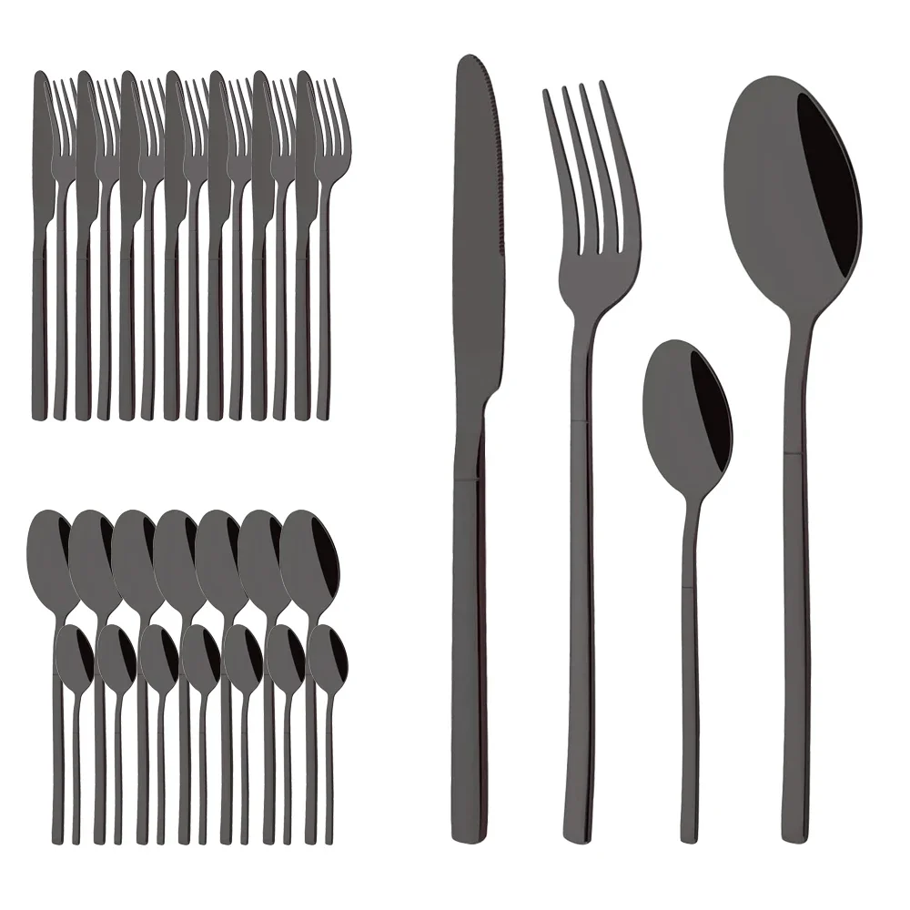 

32 шт. набор столовых приборов, черная посуда, зеркало из нержавеющей стали, столовая посуда, ужин, чайная ложка, вилка, нож, набор столовых приборов в стиле вестерн