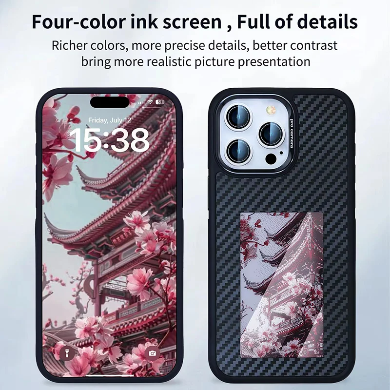 NFC 기능 E 잉크 스크린 폰 케이스, 탄소 섬유, AG 쉘, DIY NFC 변속기 이미지, 아이폰 13, 14, 15 프로 맥스용, 4 색 잉크