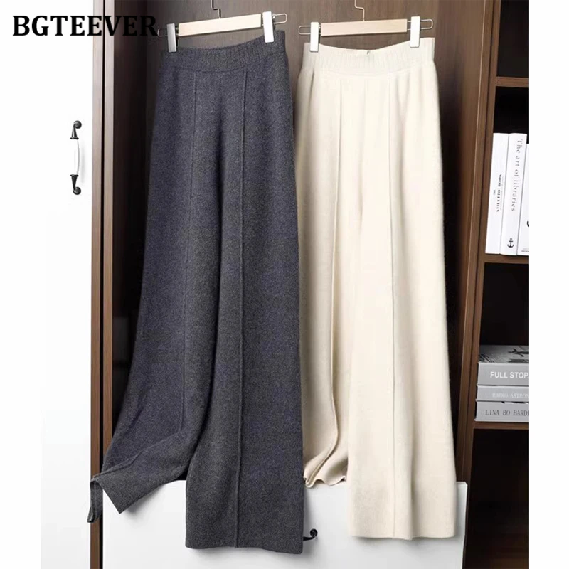 

BGTEEVER Chic Casual Warm Loose Female Wide Leg Knitted Trousers Autumn Winter Elastic High Waist Ladies Solid Sweaters Pants