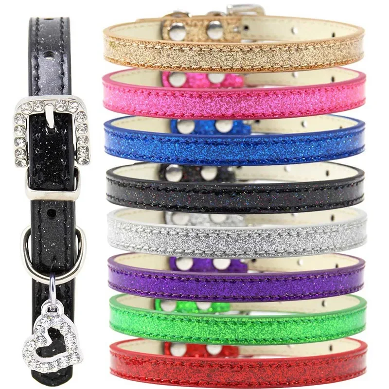 Pet Dog Cat Collar Bling Love Heart Crystal Pendants Necklace Safety Soft Leather Kitten Puppy Neck Strap Animal Accessories Dog