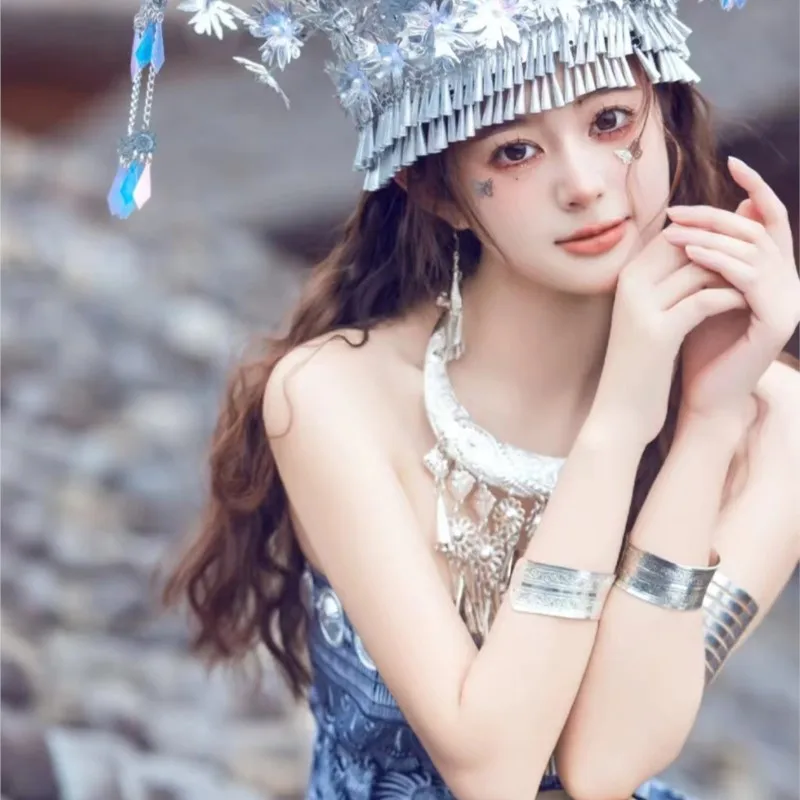 Nowa damska sukienka bez ramiączek w stylu batik, długa sukienka, kostium w stylu etnicznym, nakrycie głowy i kołnierz do fotografii podróżniczej