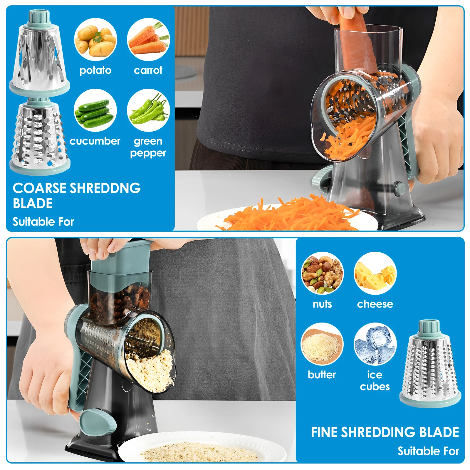 Rotary Manual Vegetable Cutter Slicer Roller Cheese Shredder Potato Grater for Kitchen Gadget Portable Dicing Machine Chopper