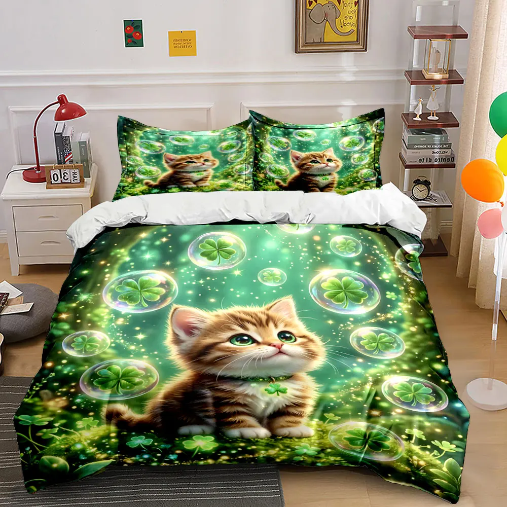 Kitten Surrounded by Clovers Pattern Duvet Cover Set Digital Print Colorful Polyester Bedding with Zipper Closur for kids gifts