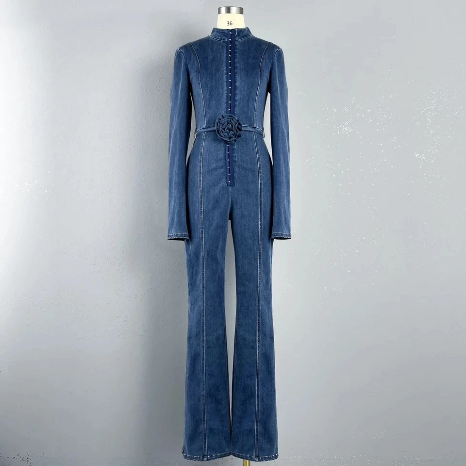 2024 Spring Summer New Women High Quality Denim Flower Rompers Female Chic Jumpsuits Playsuits