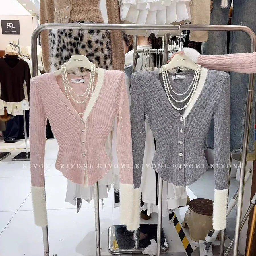 Winter 2026 Women's Knitted V-Neck Button-Up Cardigan Sweater Slim Fit Commute Style Thick Long Sleeve Warm Pure Color