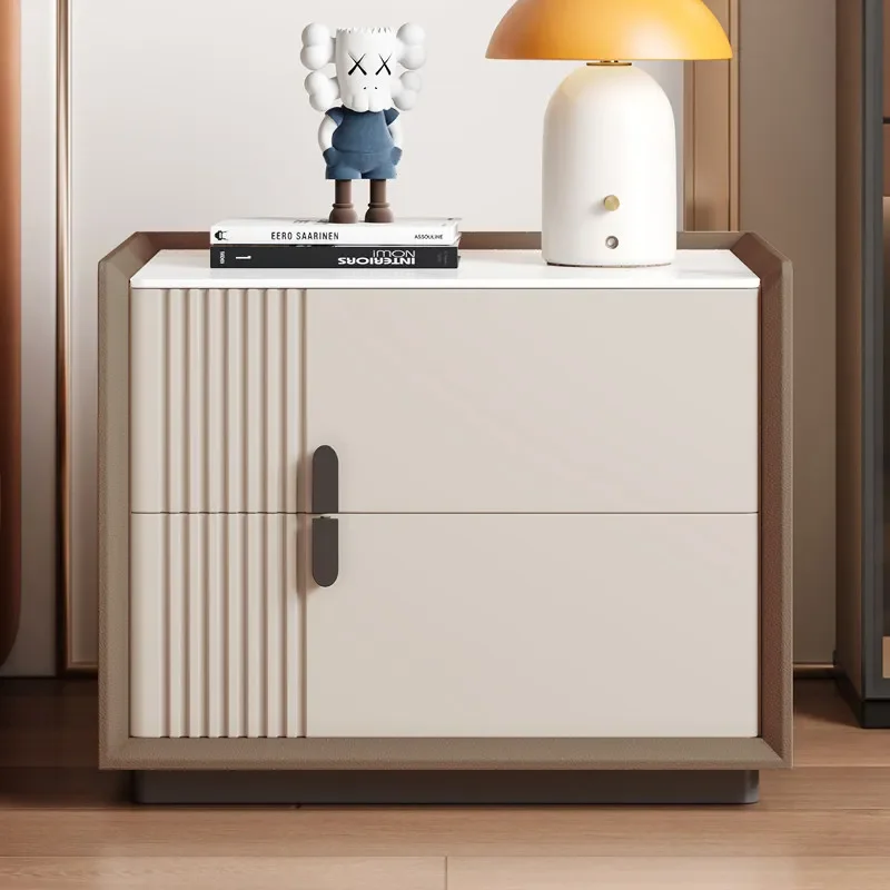 Minimalist Fluted Texture Bedside Cabinet Stone Tabletop Full Leather Wrapped Frame Bedroom Decor Storage Nightstand End Table