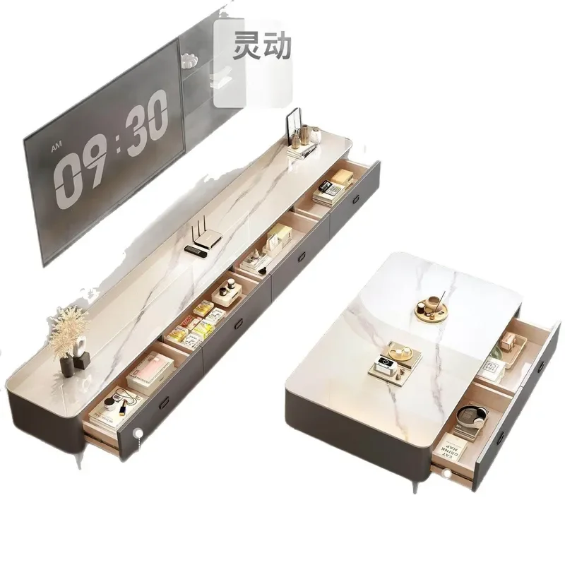 Floor to Ceiling TV Cabinet and Coffee Table Combo for Living Room Small Apartment Light Luxury High End Storage
