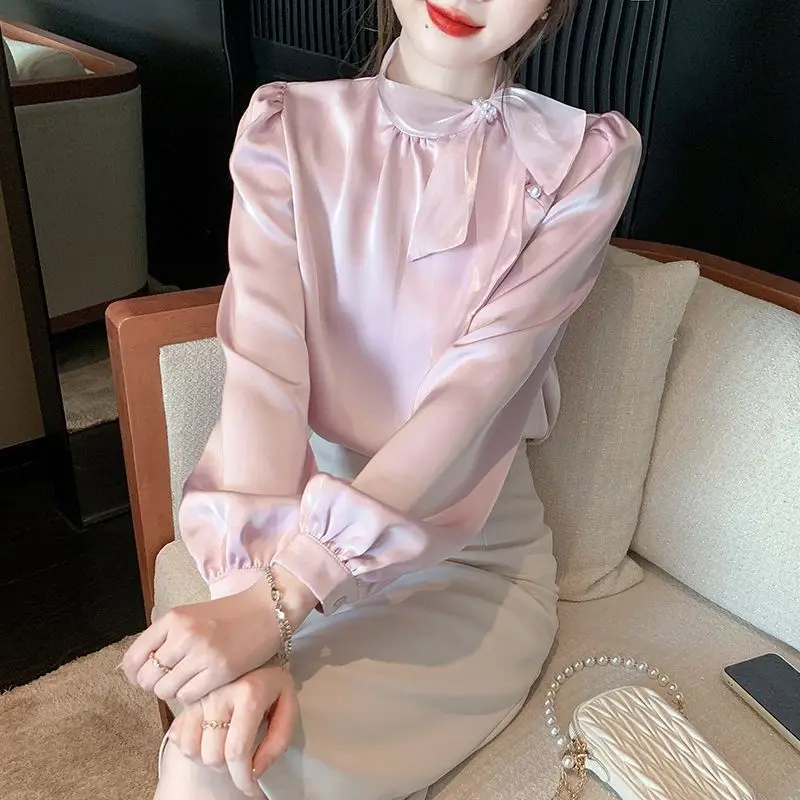 Womens Korean Fashion Beaded Bow High Quality Blouse Office Lady Elegant Chic Commute Shirt Ruffled Long Sleeve Loose Fairy Tops