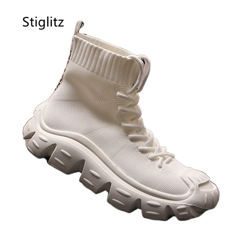 High -Top Knitted Socks Boots for Men White Black Thick Bottom Non- Slip Men's Shoes Sneakers Casual Man Breathtable Ankle Boots