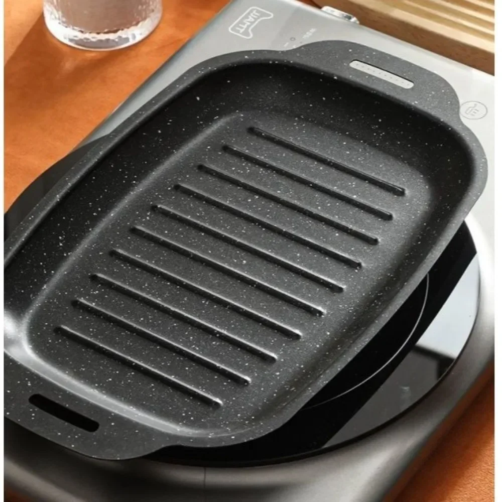 Nonstick Grill Frying Pan Rectangular Double Handle BBQ Grill Pan Large Capacity Deepened Griddle Pan Indoor Cooking