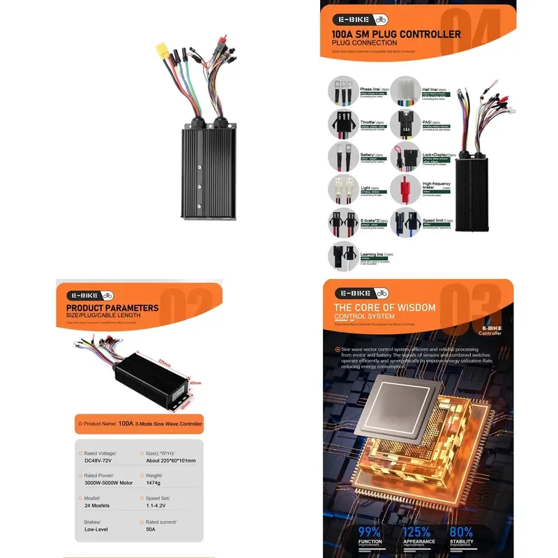 24V 72v 100a Brushless DC BLDC in-wheel motor controller, brushless scooter motor controller, suitable for electric bicycles