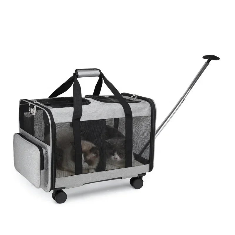 Hot salesStand Up Trolley Dog Trolly Carrier Stroller Cat Rolling Luggage Backpack Wheel Zipper Pet Travel Bag With Wheels