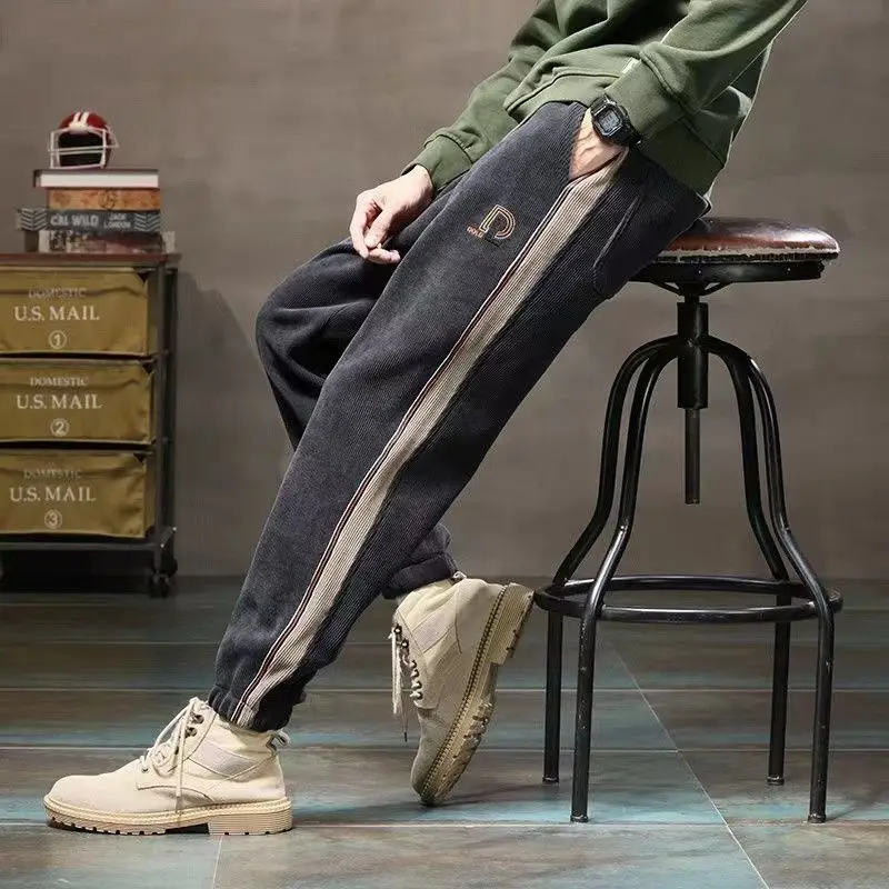 

Winter Corduroy Sweatpants Men's Splice Contrast Color Fleece Thickened Harem Pants Coldproof Sport Ankle Length Pants