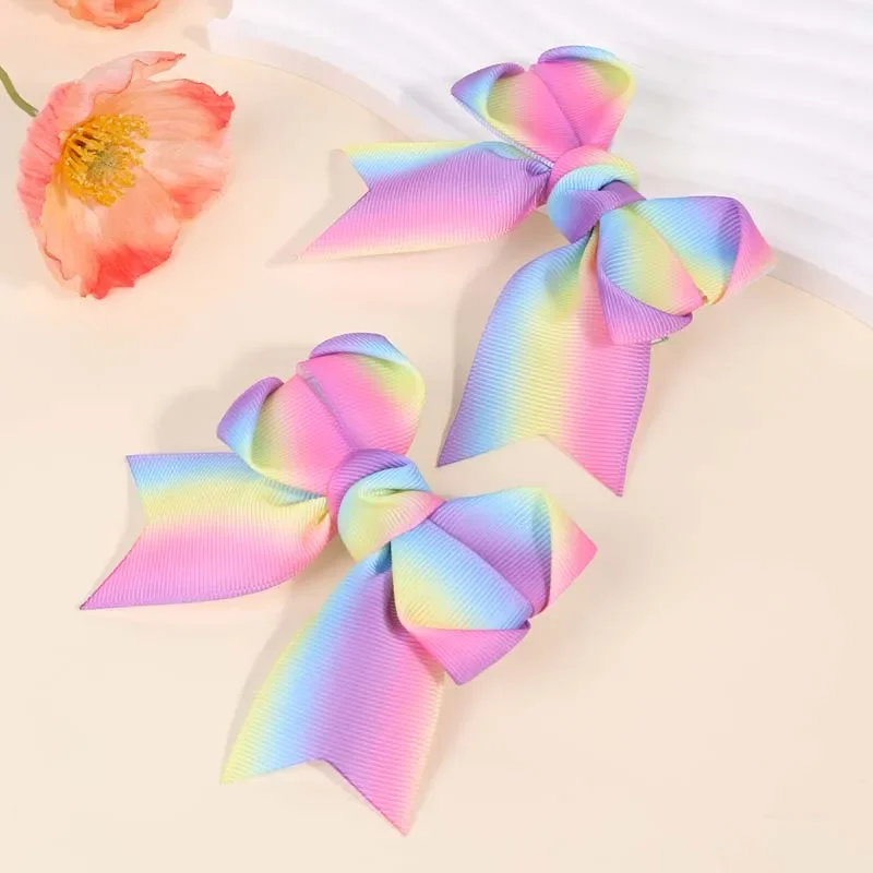 ncmama 2Pcs Gradient Rainbow Hair Clips Cute Ribbon Bow Hairpin for Children Sweet Girl Handmade Barrettes Baby Hair Accessories