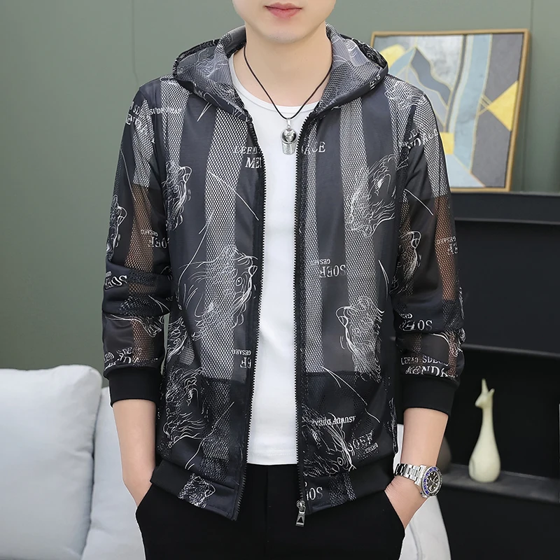 Men's Ice Silk Lightweight Breathable Hollow out UV Protection Jacket Summer Fashionable Hooded Outerwear Polyester Fabric