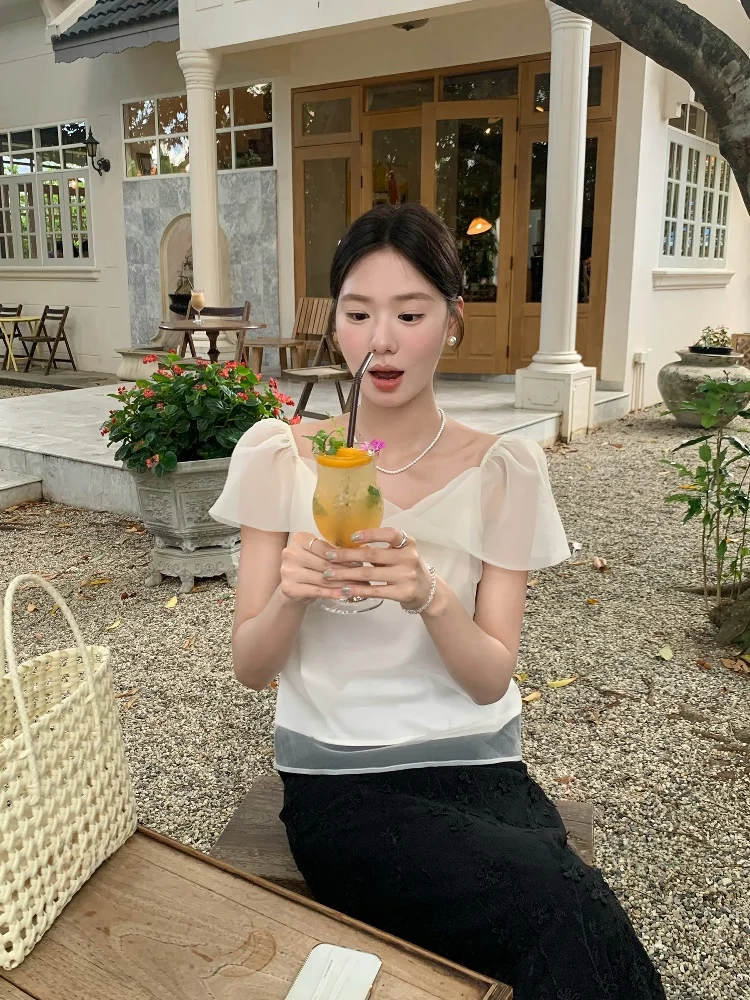 

Gentle Floral Print Chiffon Top ort Sve Me Aosphere Sense Straight Cut Bubble Sve Polyester Fiber Women's Summer ...