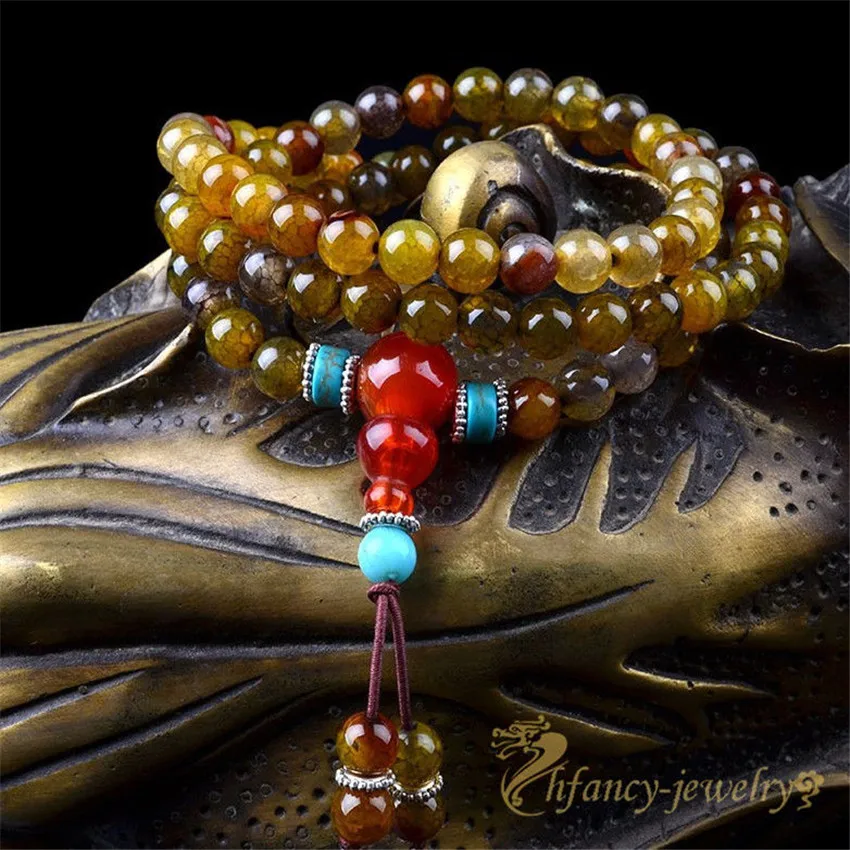 

108 Buddha Beads Necklace Bangle Dragon Agate Mala Buddhist Health Sacred Unisex Artisan 6mm Men