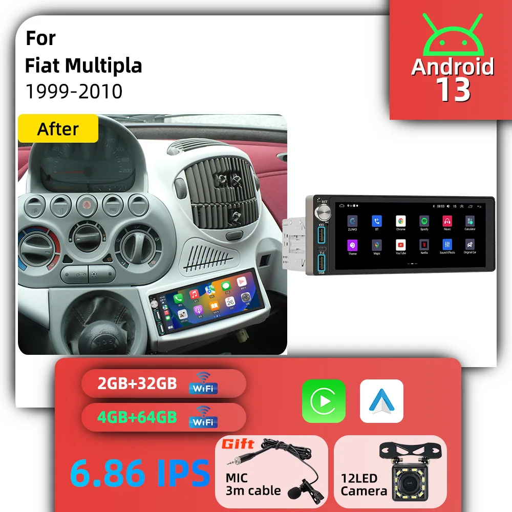 Android 1Din Car Multimedia 6.86 inch Car Stereo Screen for Fiat Multipla 1999-2010 Carplay GPS Autoradio Radio Head Unit