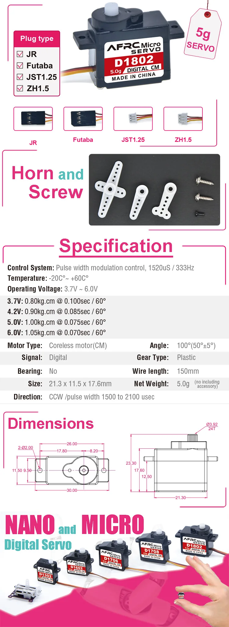 AFRC D1802 5g Mini-Digital-Servo mit Kunststoffgetriebe für 1/28 RC-Autos und Flugzeuge, 0,070, schneller bürstenloser Motor, DIY RC-Teile – Detail 1