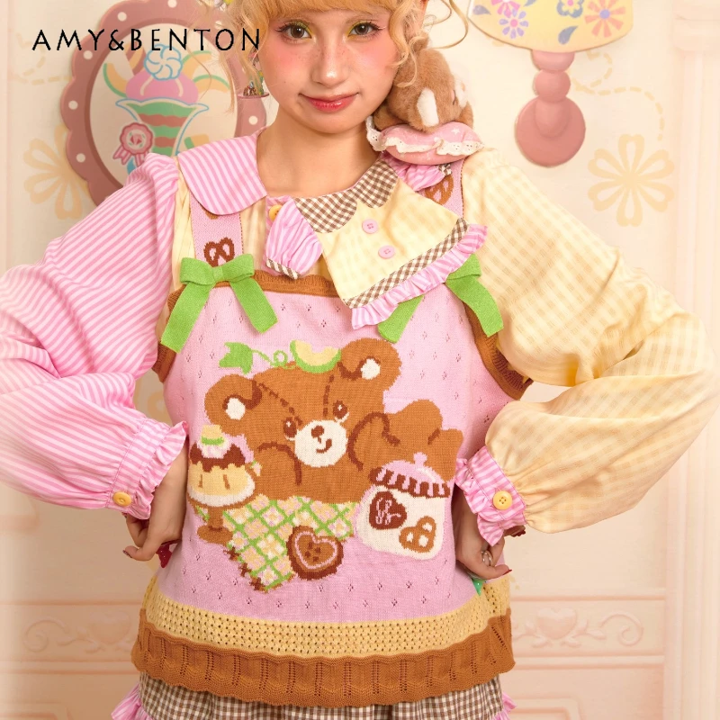 

Japanese 2025 Autumn New Pink Animal Print Women's Vest Original Design Hollow Out Sweet Cool Cute Bow Knitted Waistcoat Ladies